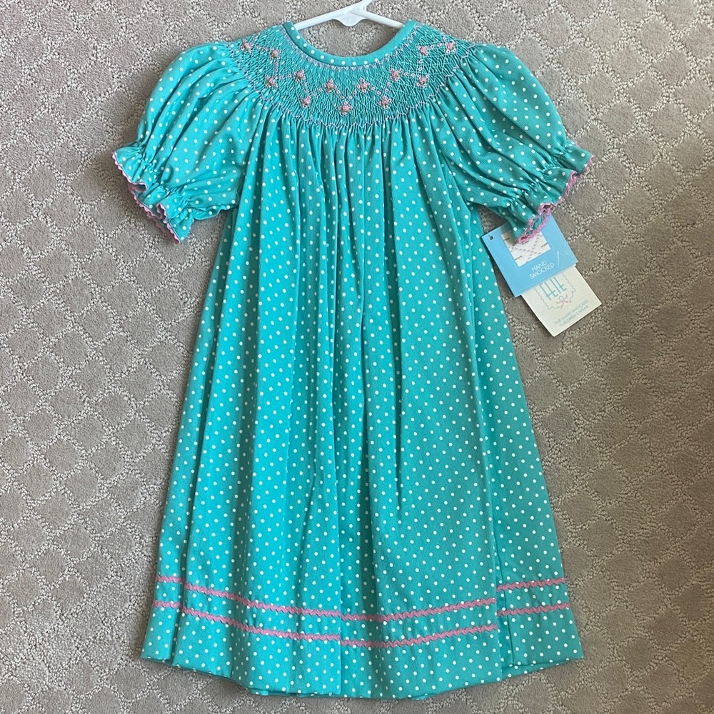 NWT Smocked Turquoise Polka Dot Girls Dress. Great for Easter and church.